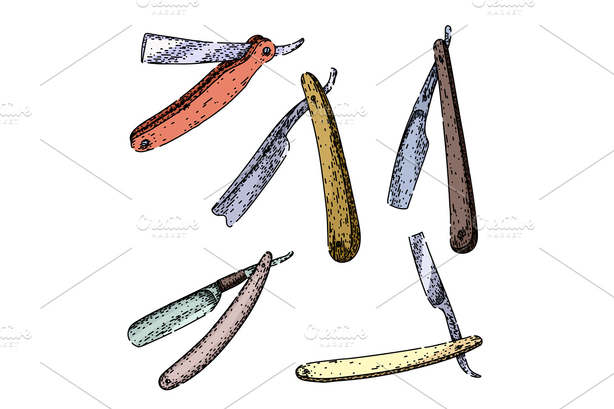 barber straight razor set sketch, an Illustration by pikepicture