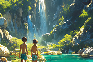 Two children standing by a serene waterfall in a sunny lush forest, a Photo by AS photostudio