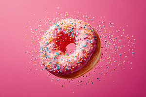 Colorful pink frosted donut with sprinkles, a Food & Drink Photo by AlyaAnd