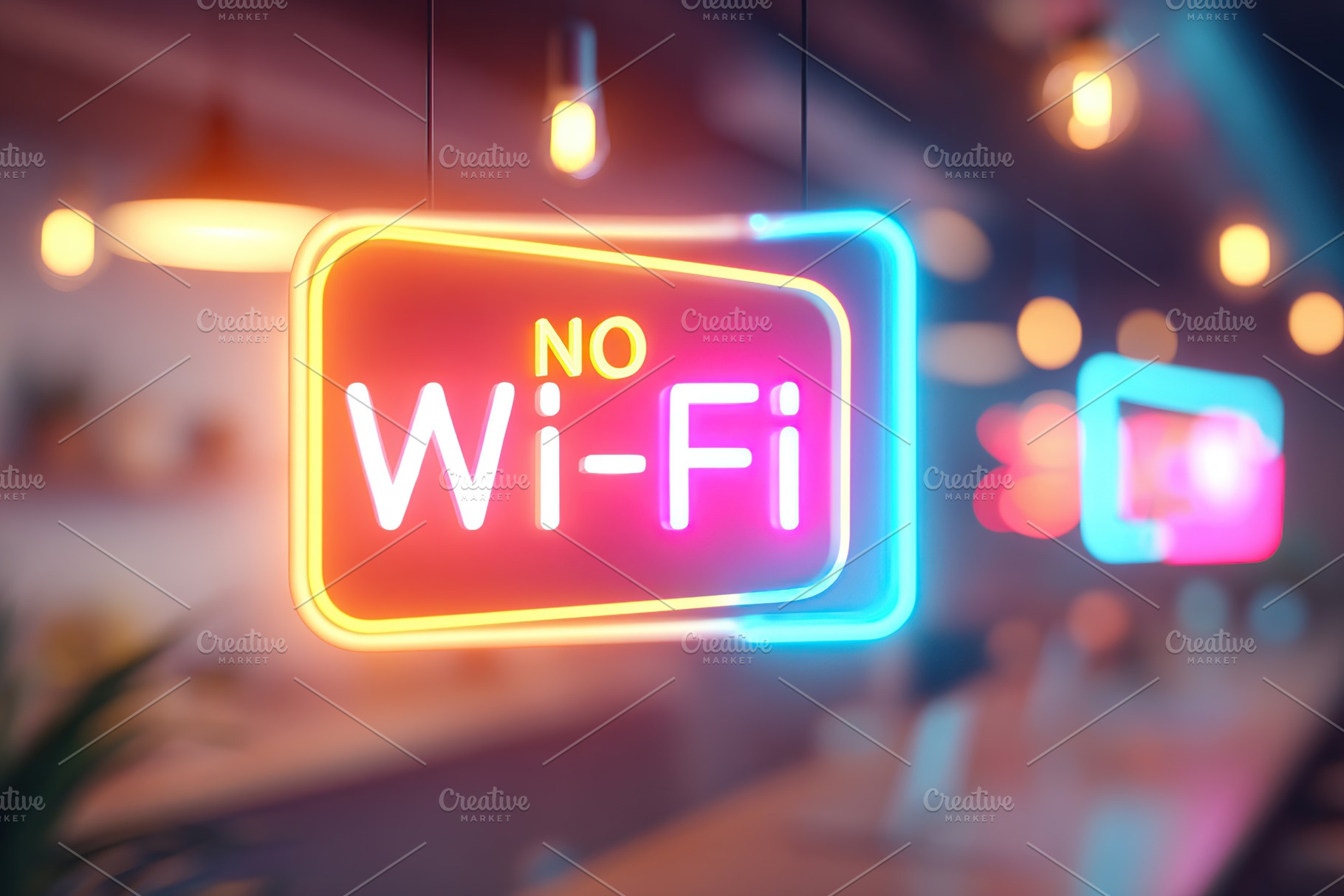 Neon signs illuminate a modern workspace without Wi-Fi in a vibrant atmosphere, a Photo by AlyaAnd