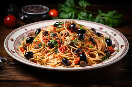Spaghetti with olives and tomato sau, a Photo by Iftikhar Alam
