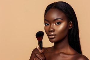 Portrait of african american woman with clean healthy skin holding cosmetic bru, a Person Photo by AlyaAnd