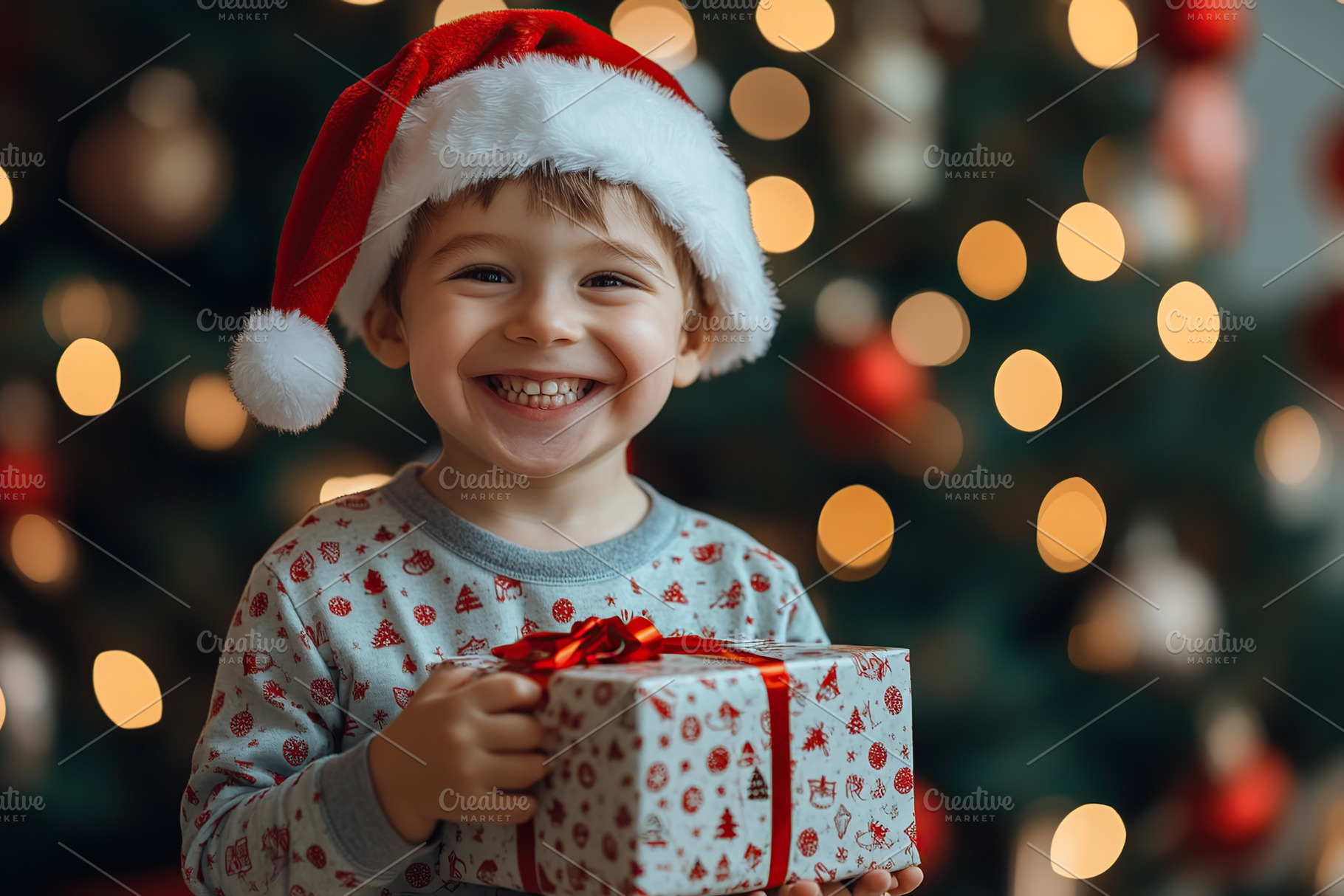 Smiling child boy in checkered pajamas and red santa hat holding gift box in ha, a Photo by AlyaAnd