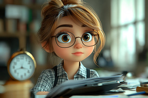 Young woman with glasses studies at, a Photo by Tanuart
