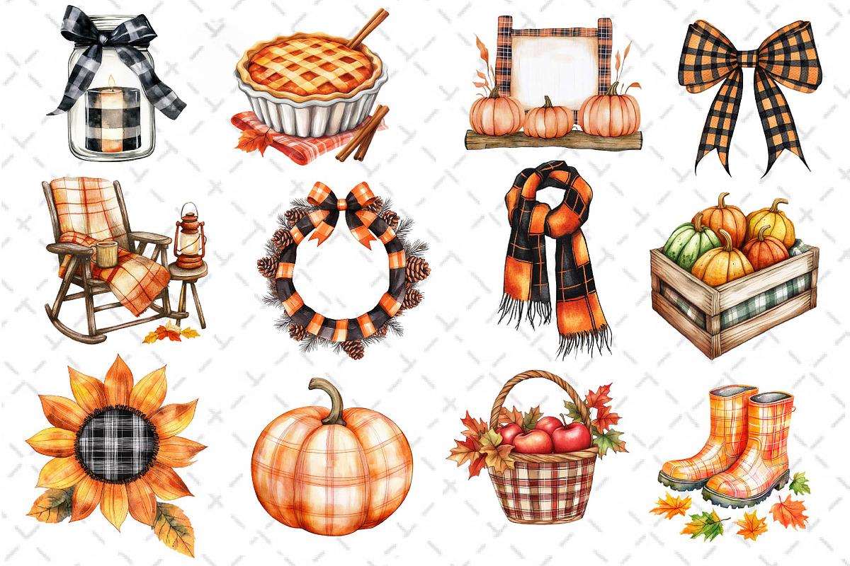 Watercolor Plaid Autumn Clipart, an Illustration by Dream Creation (Photo 2 of 4)