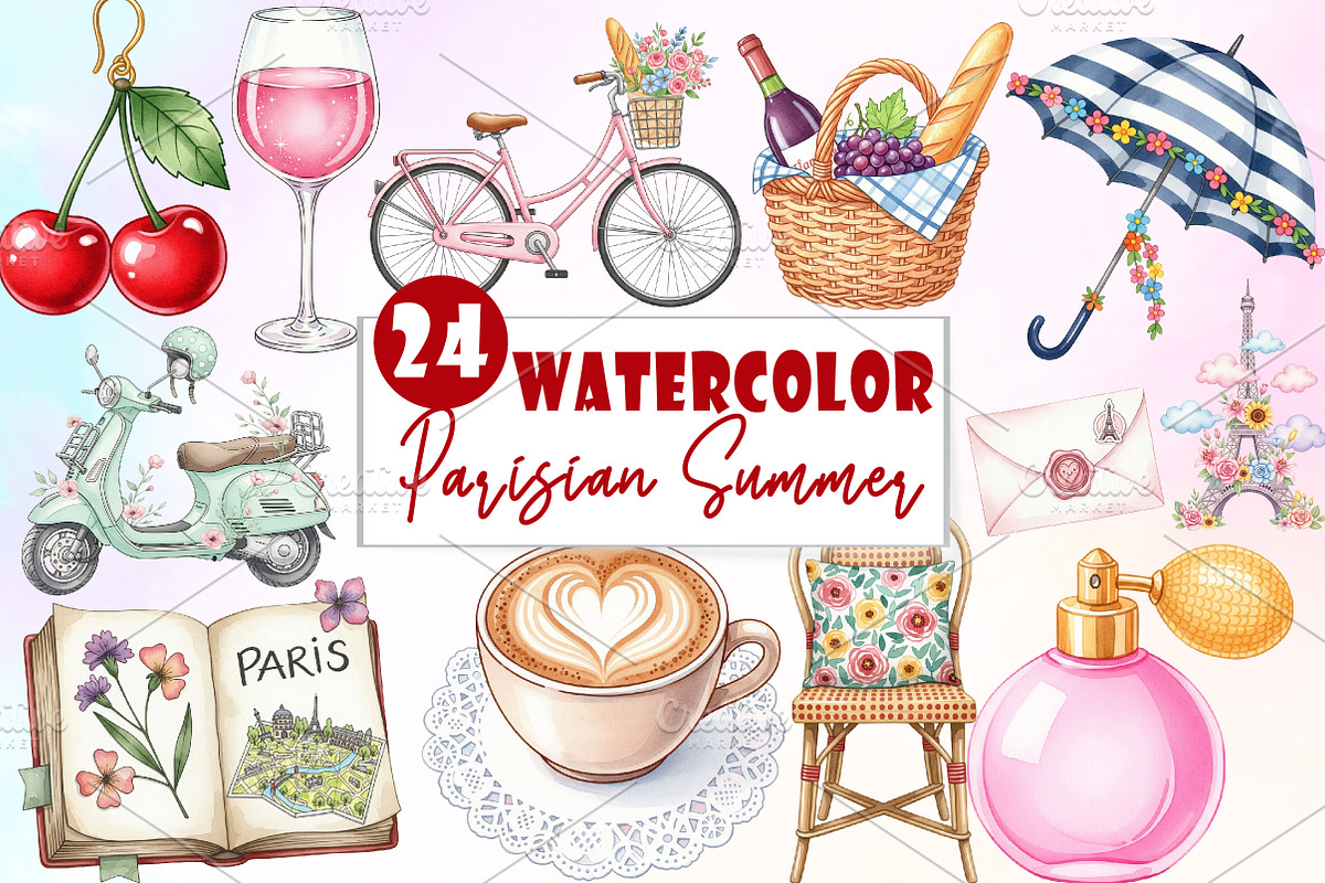 Parisian Summer Clipart, an Illustration by Watercolor design (Photo 1 of 6)