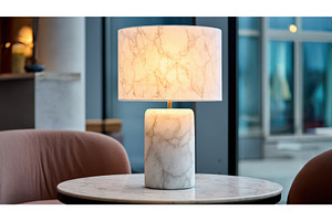 Sleek lamp illuminating a marble, an Architecture Photo by Lermont51
