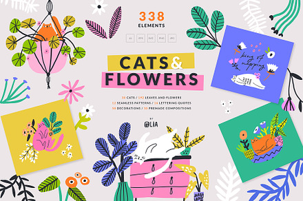 Cats and Flowers | 100% Hand drawn, an Animal Illustration by Olia
