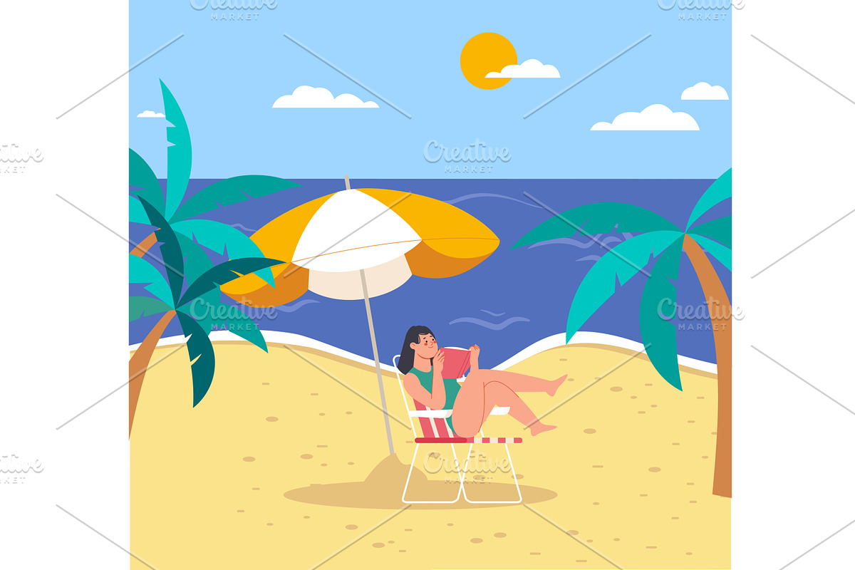 Girl reading book on the beach, a Sport Illustration by LadadikArt