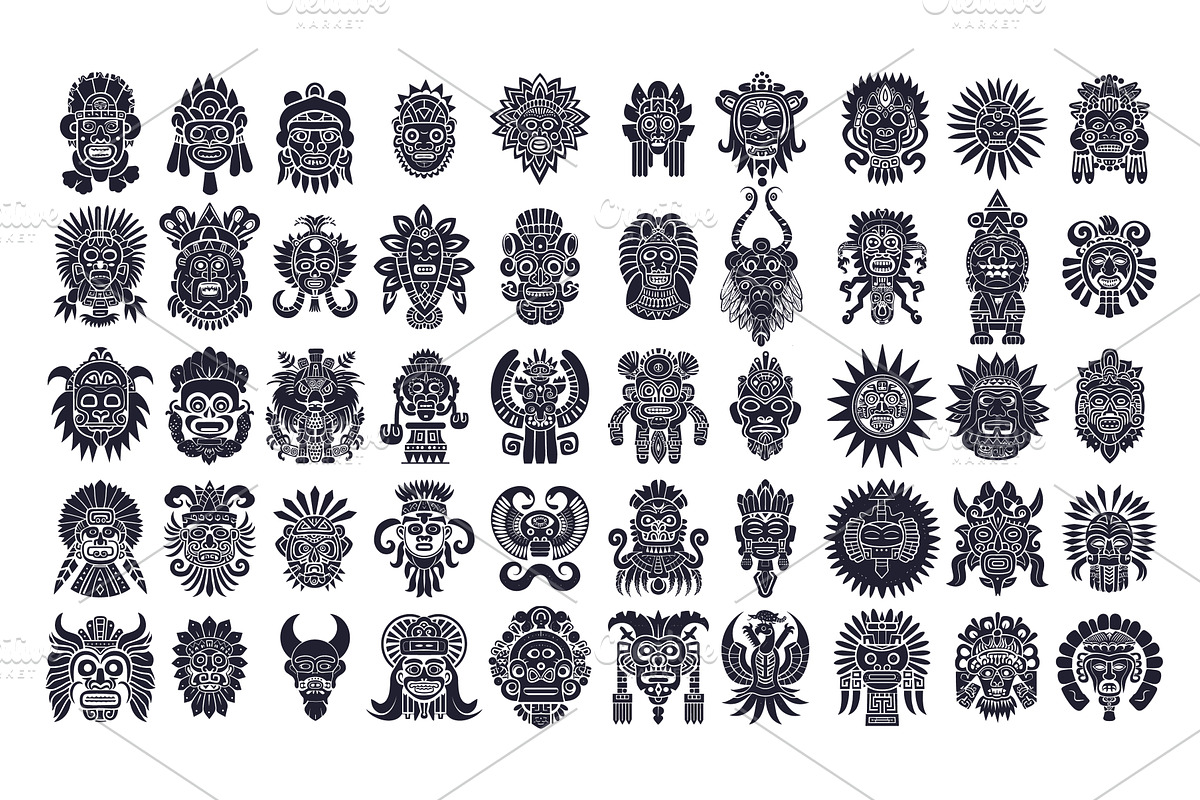 Mexican mayan aztec masks tattoo ink, an Object Illustration by Stock-Smart-Start