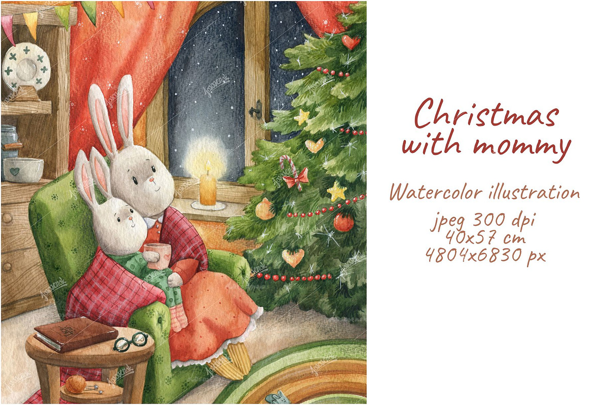 Christmas with mommy watercolor, a Seasonal Illustration by Lososenok (Photo 1 of 4)