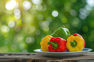 Ripe colorful peppers in plate on blurred green background, a Food & Drink Photo by AlyaAnd