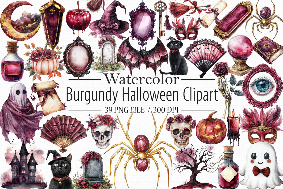 Watercolor Burgundy Halloween Clipar, an Illustration by Libby Wishes (Photo 1 of 11)
