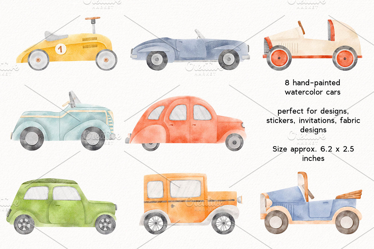 Watercolor race and retro car set, a Transportation Illustration by Watercolor Nastasia Art (Photo 2 of 5)