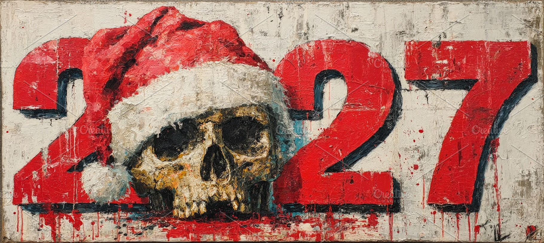 Dark 2027 New Year Horror Illustration with Skull and Santa Hat, a Background Photo by José Manuel Gelpi