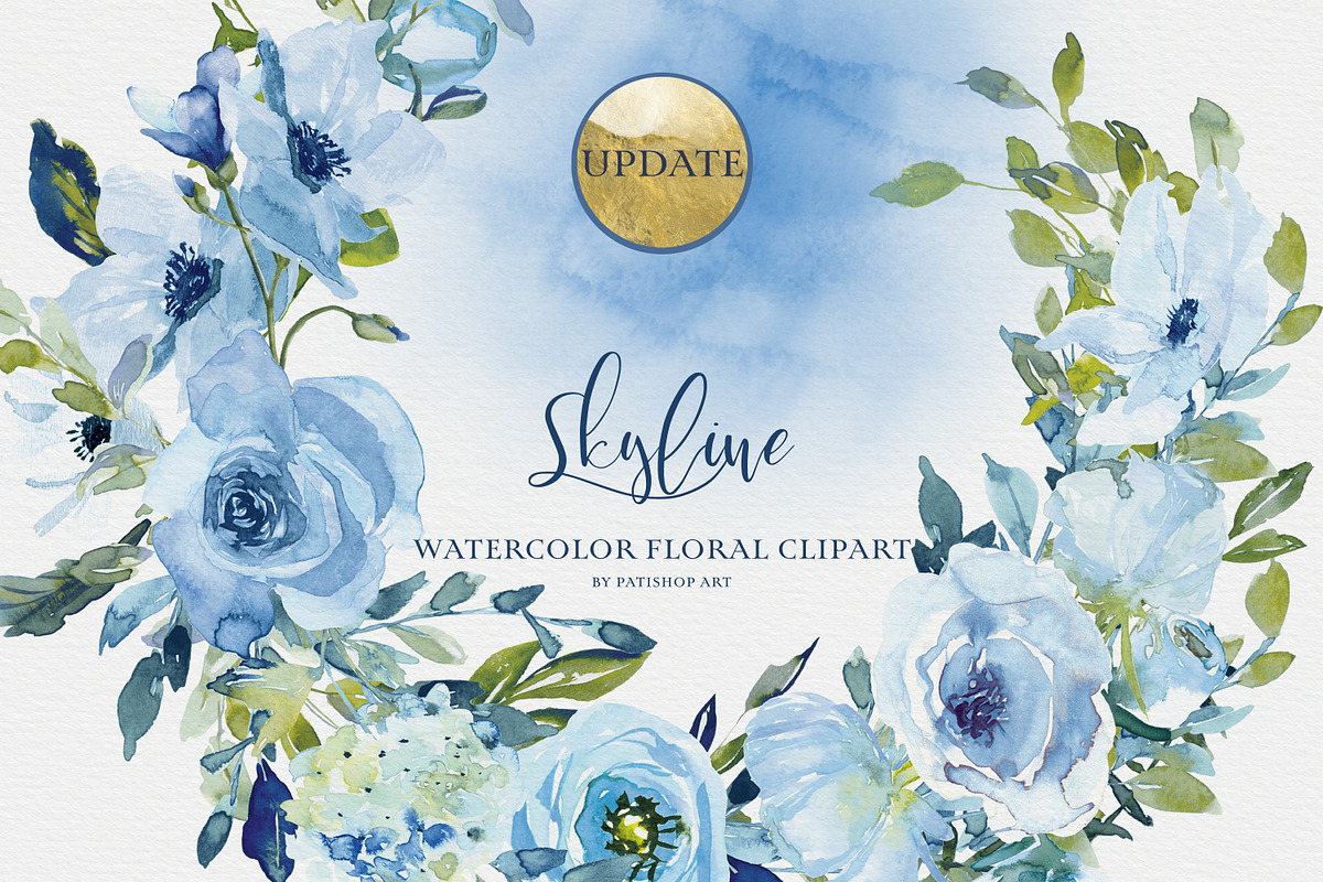 Watercolor Blue Florals Clipart Set, a Decorative Illustration by Patishop Art (Photo 1 of 14)