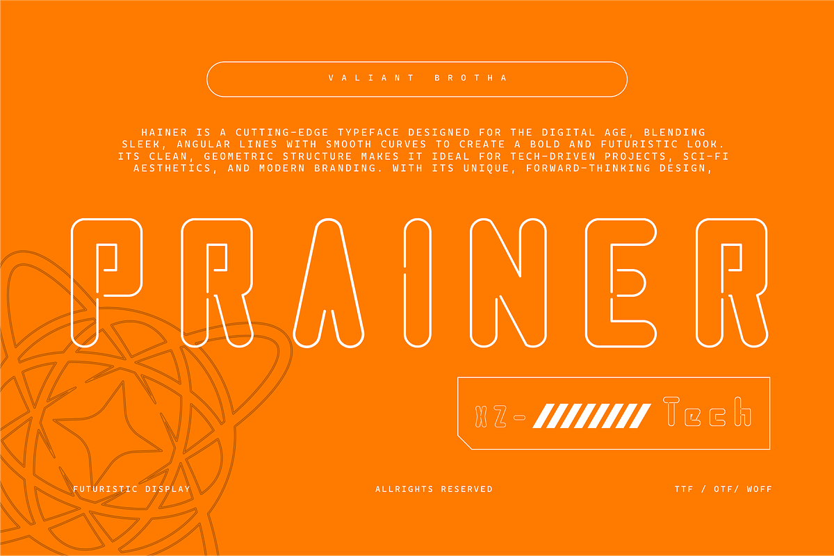 VB Prainer - Futuristic Display Font, a Sans Serif Font by VALIANTBROTHA (Photo 1 of 11)