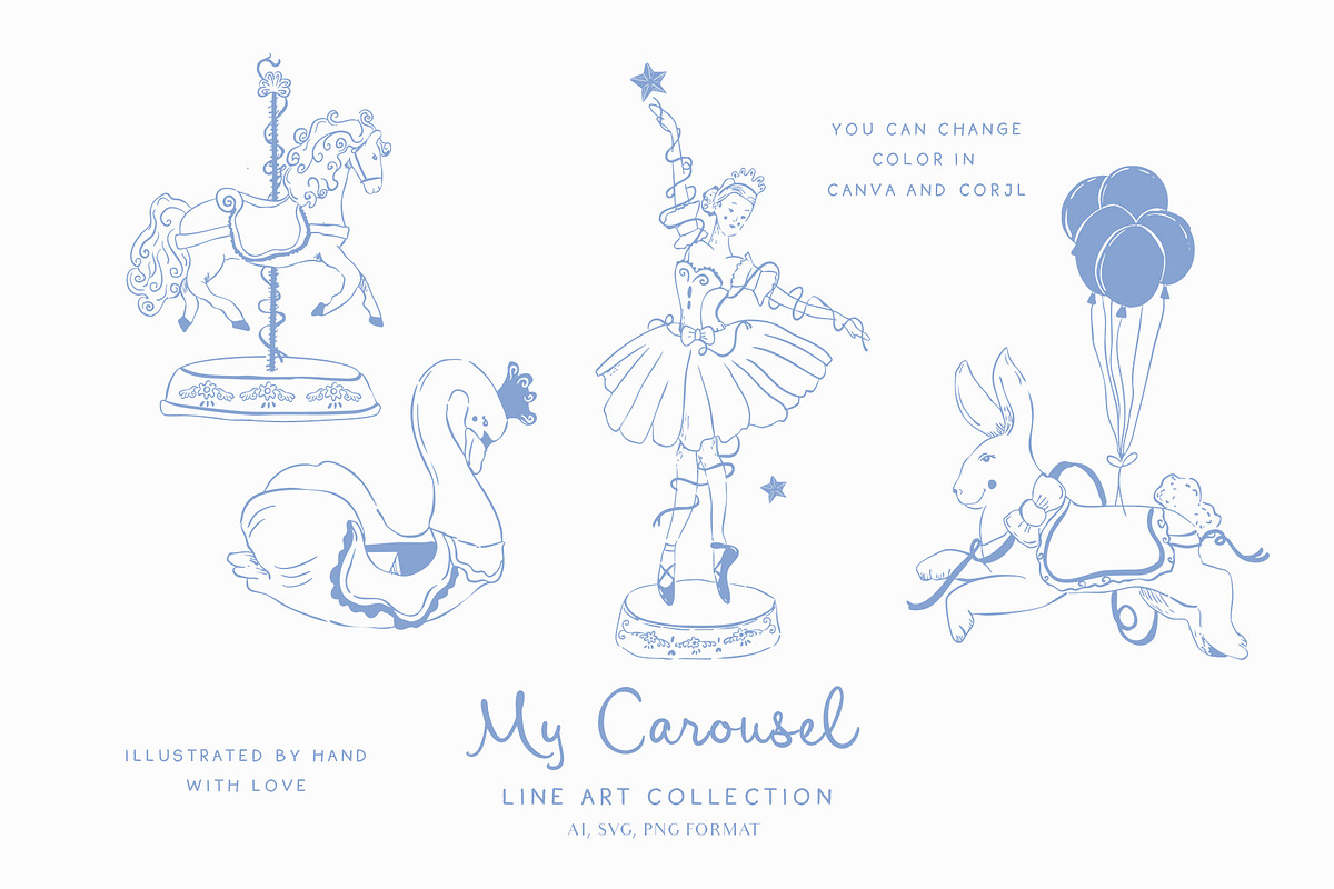 My carousel vintage Blue Line art, a Decorative Illustration by Grace Noboa Illustrations (Photo 5 of 6)