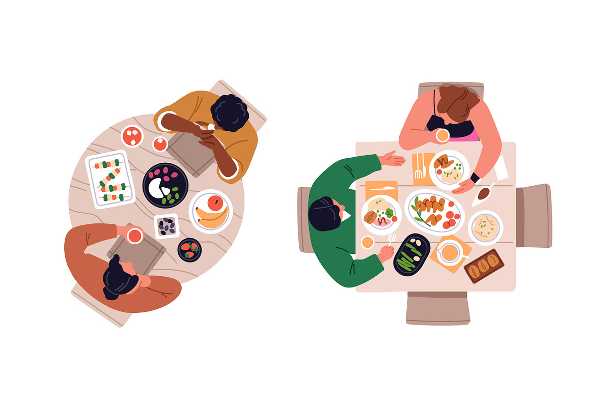 People eating at table top view set, a Food Illustration by Good Studio