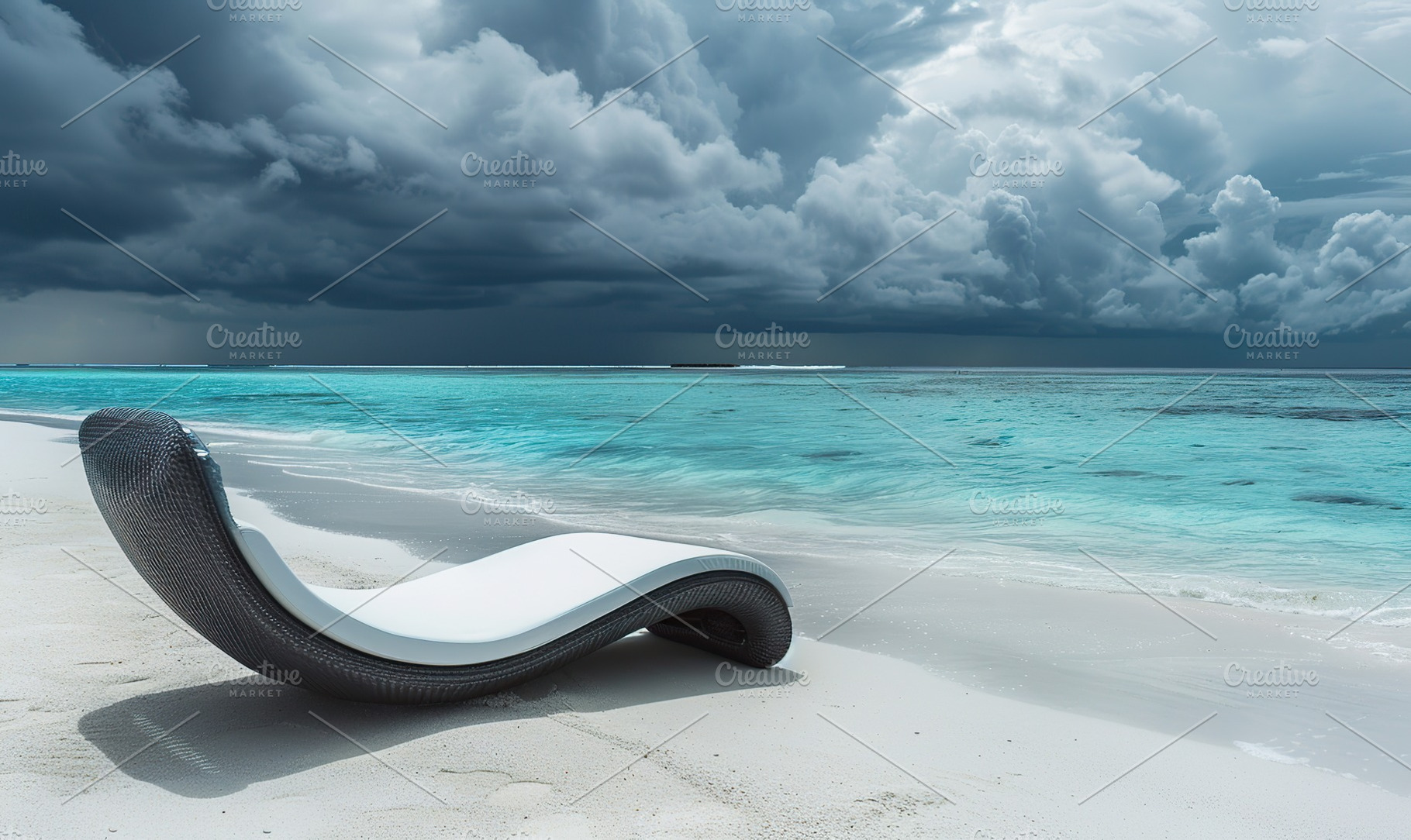 Chaise lounge on beach sand with blue sea, a Photo by AlyaAnd