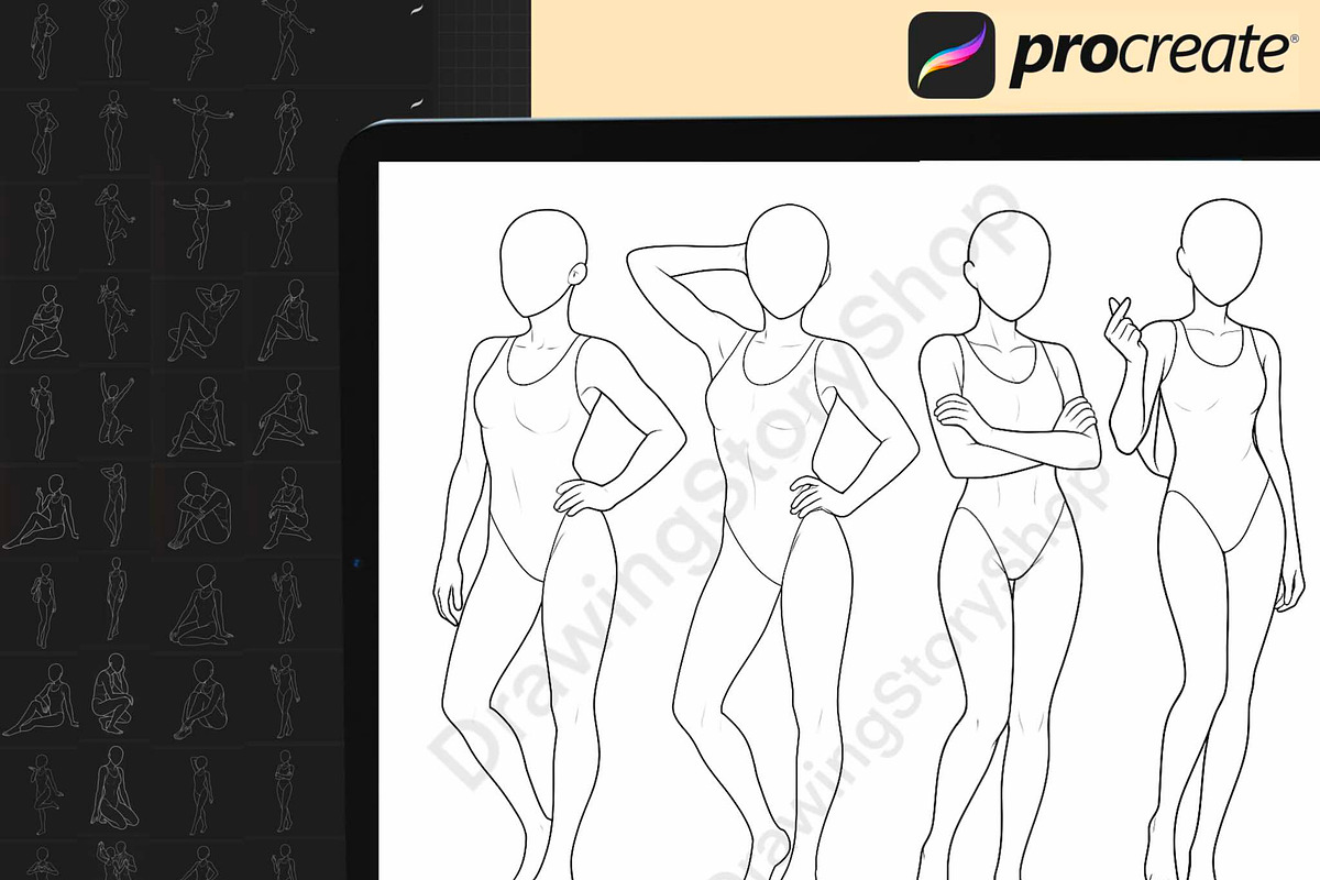 Procreate female poses brushes stamp, a Brush Add-On by DrawingStoryShop