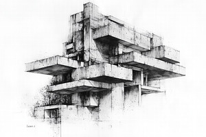 A detailed architectural sketch of a modern concrete Brutalist style house buil, an Architecture Photo by Textures & Backgrounds