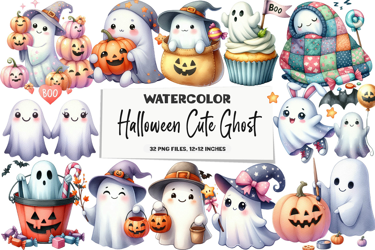 Watercolor Halloween Cute Ghost, an Illustration by DreamArtGraphic (Photo 1 of 5)