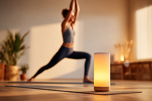 Diffuser and light therapy lamp glowing in a calm yoga studio during evening pr, a Sports & Recreation Photo by AlyaAnd