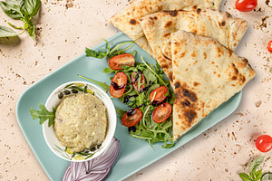 Baba ghanoush, pita bread, a Photo by Grafvision photography