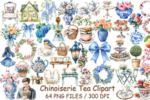 Watercolor Chinoiserie Tea Clipart, an Illustration by Design Market