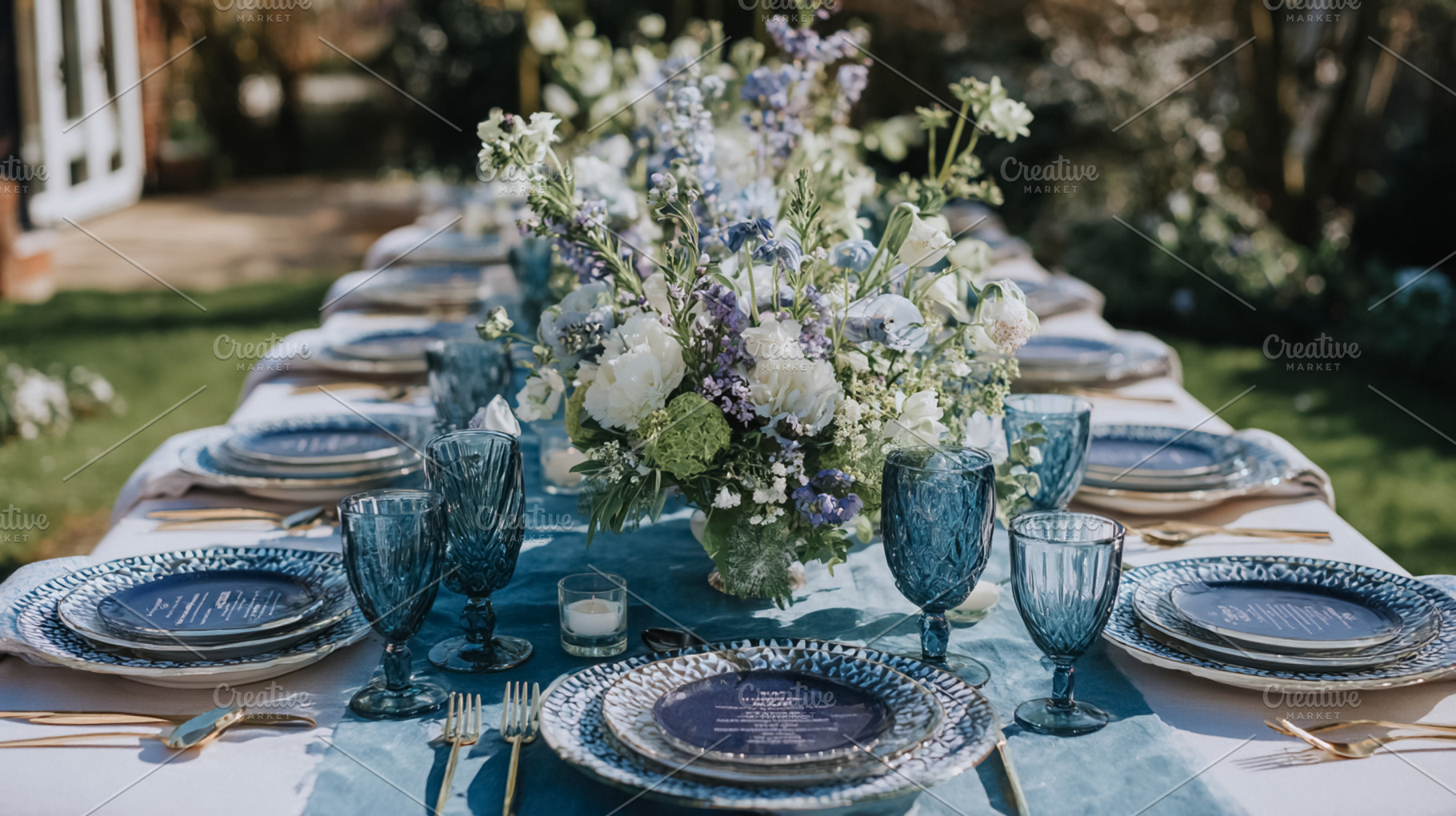 Outdoor wedding reception table setting featuring blue theme dec, a Photo by Studio ANNA