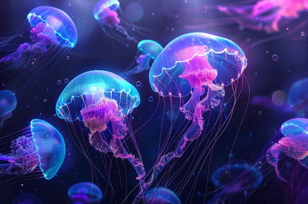A group of vibrant jellyfish glides, a Photo by Tanuart