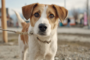 Curious brown and white dog outdoors, an Animal Photo by AlyaAnd