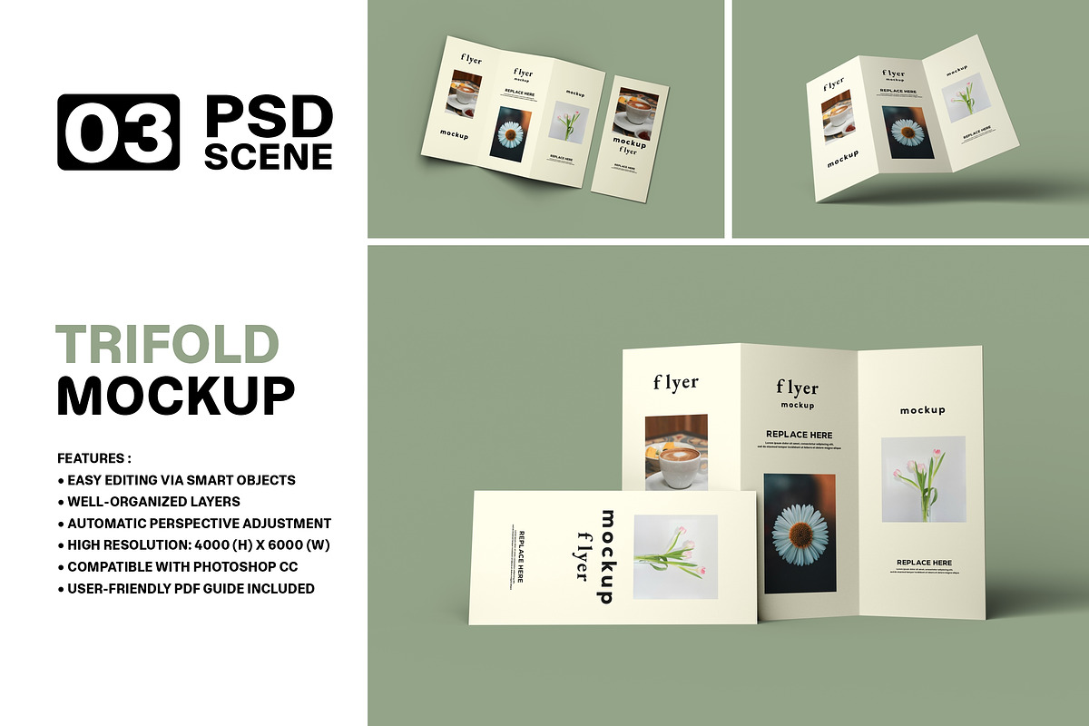High Quality Trifold Brochure Mockup, an Advertising Mockup by LOGTURNAL (Photo 1 of 4)