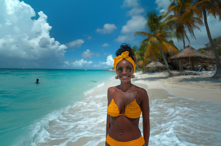 Mature beautiful African American woman in a yellow bikini on a, a Beauty & Fashion Photo by AS photostudio
