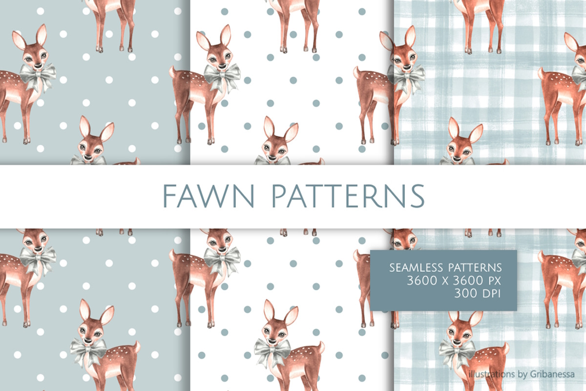 Watercolor Fawn Seamless Pattern Set, a Pattern Graphic by Gribanessa (Photo 1 of 4)