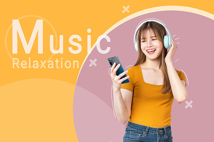 Banner woman listening music