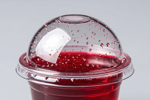 Red drink with domed lid and droplets, a Food & Drink Photo by AlyaAnd