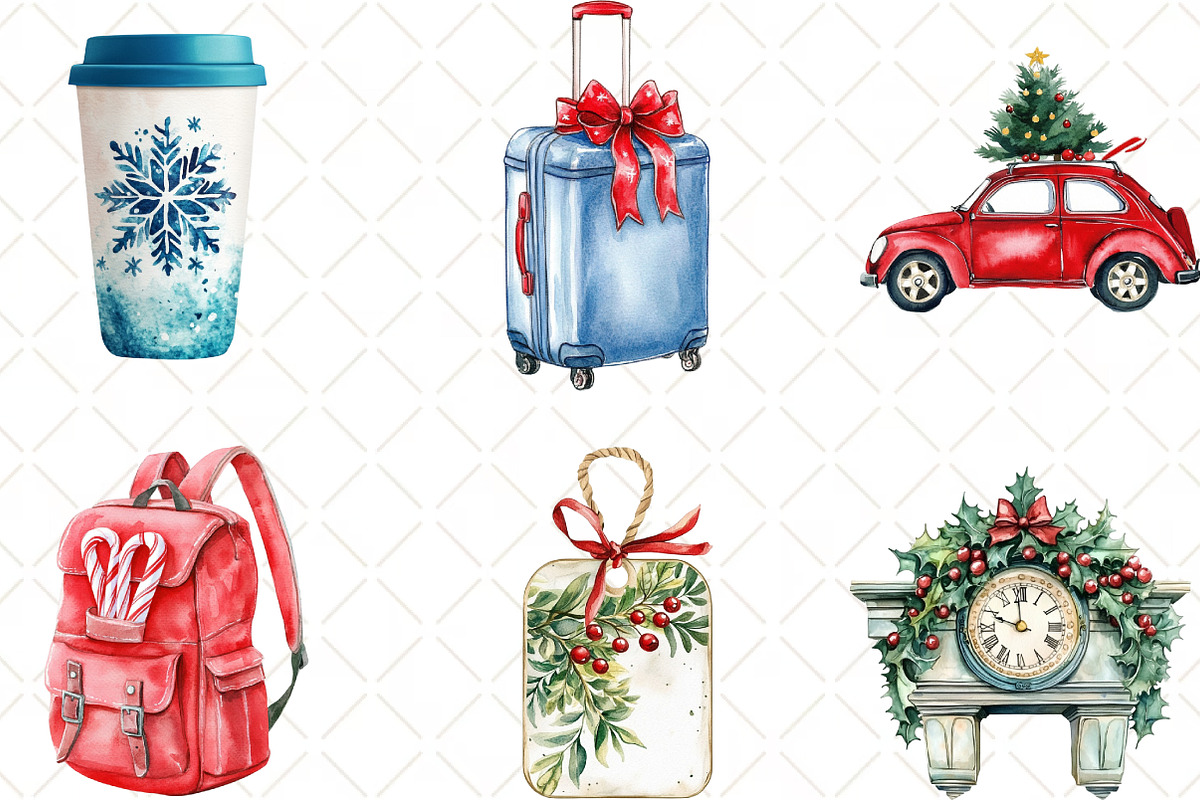 Christmas Travel Watercolour Clipart, an Illustration by Black Bird Studio (Photo 5 of 6)