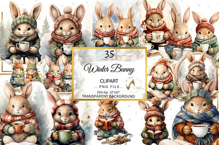 Watercolor Winter Bunny Clipart, an Illustration by NiiiNArt
