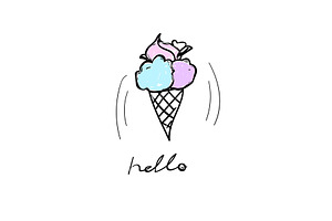 Tasty Ice-cream With Text - Hello. Vector Fashion Cartoon Food Summer Illustration And Lettering On A White Backround.