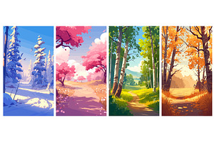 Cartoon four seasons forest. Spring, an Illustration by Stock-Smart-Start
