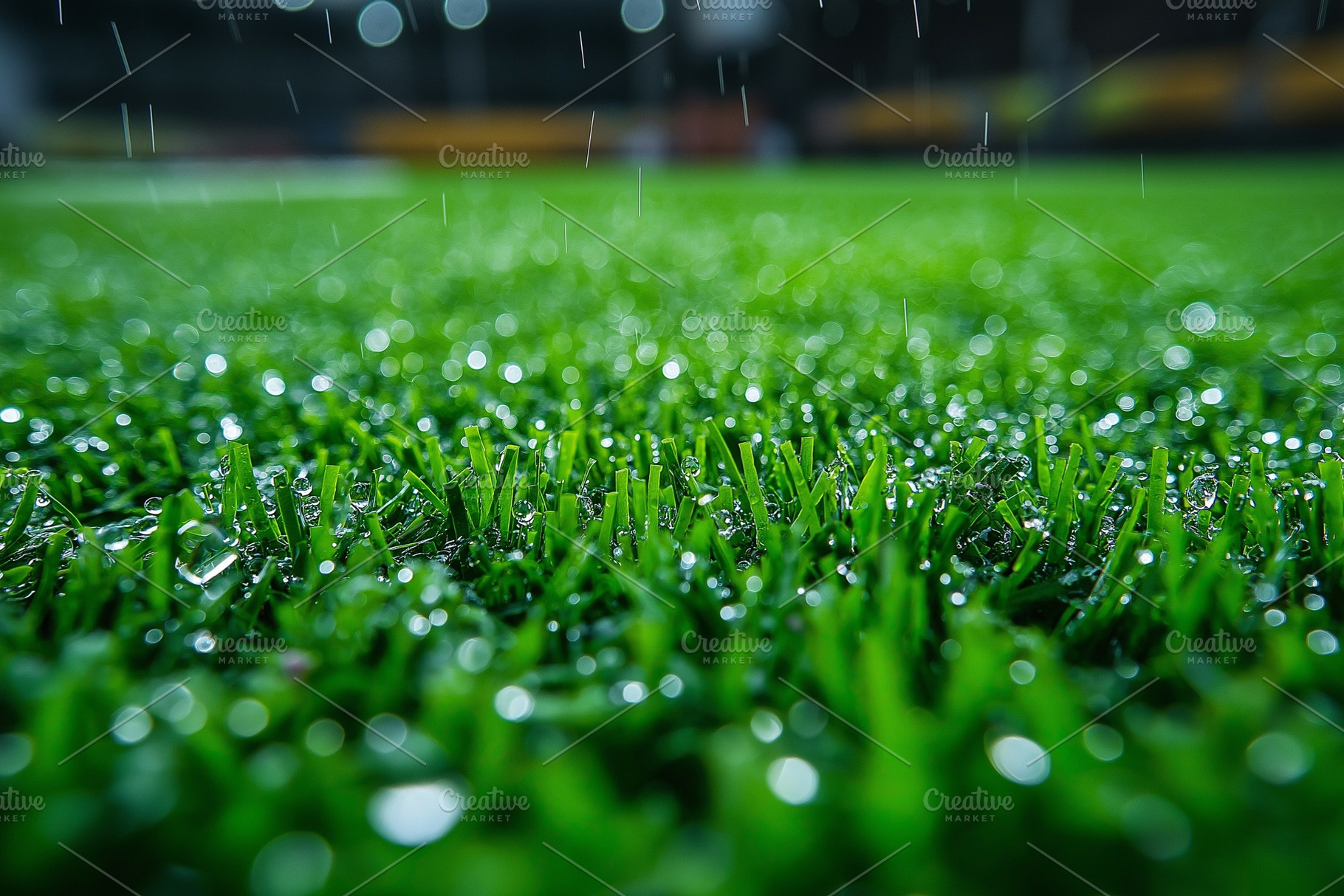 Close-up of vibrant green grass blades glistening with raindrops in a sports fi, a Background Photo by ImageMir