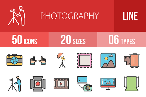 50 Photography Line Filled Icons