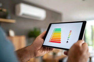 Person using a tablet to monitor energy efficiency in a modern living room sett, a Photo by AlyaAnd