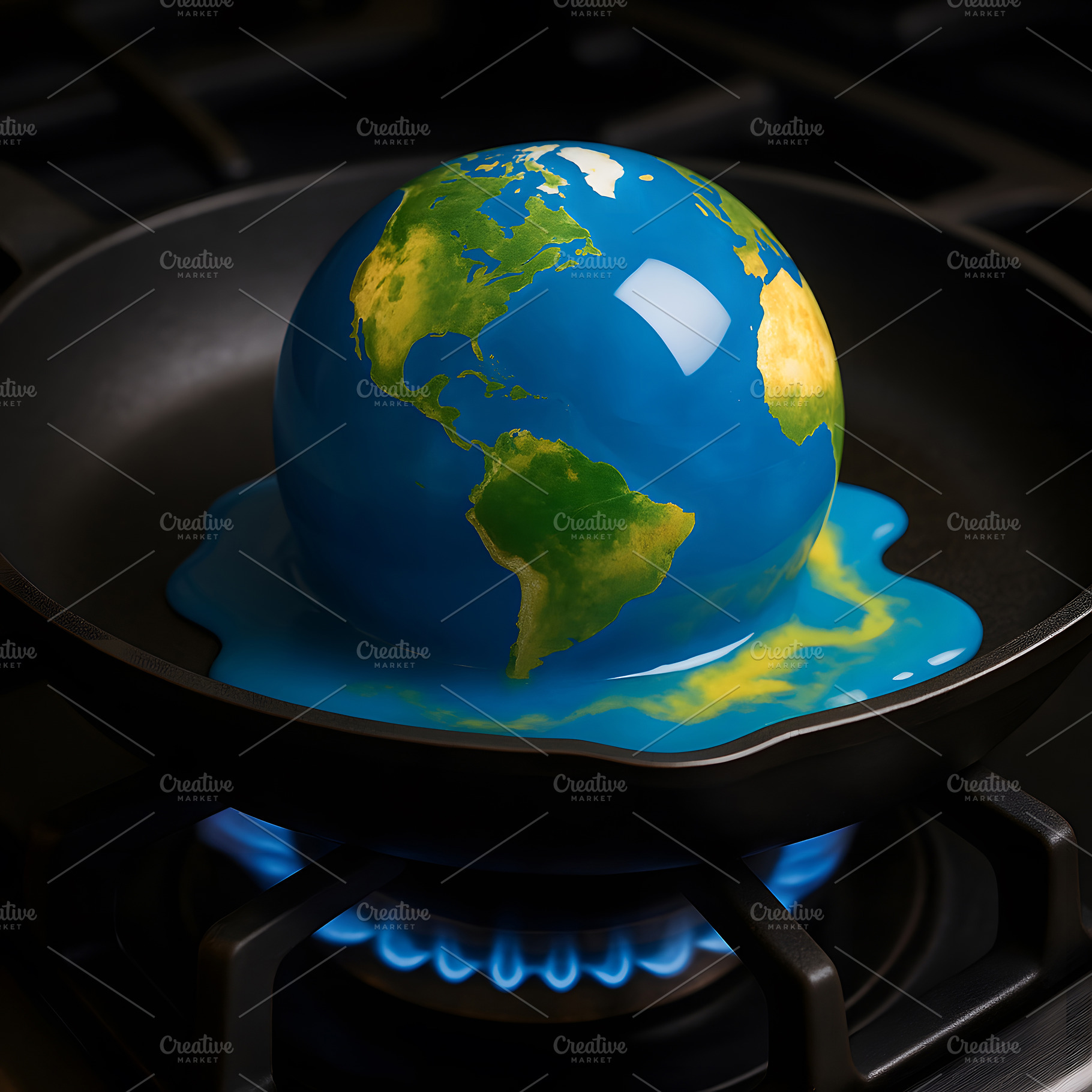 Earth globe melting inside frying pan with blue flames, an Abstract Photo by GoodGoods