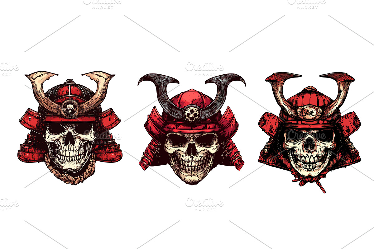Samurai helmet skull color ink, an Illustration by Valerie Bodnar