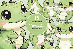 15 Bundle Watercolor Baby Crocodile
