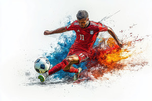 Dynamic soccer player in mid-kick sh, a Photo by Tanuart