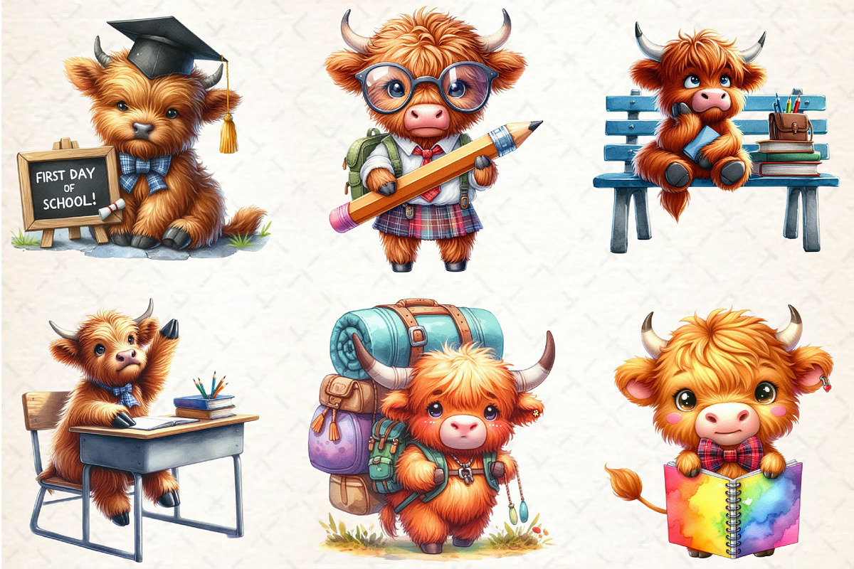 Back To School Highland Cow Clipart, a Seasonal Illustration by Rose Art (Photo 2 of 4)